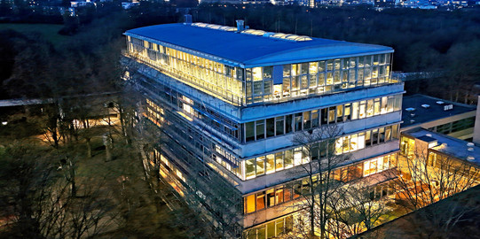 Departmental Library of Spatial Planning GB 4 South Campus, illuminated (drone photo)