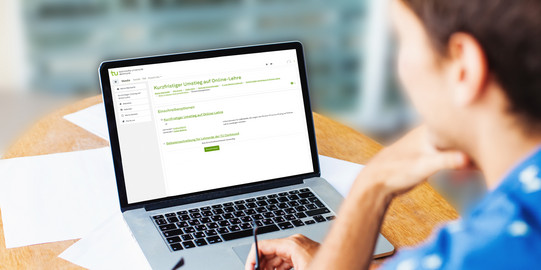 Studierende sitzt am Arbeitsplatz und schaut auf den Laptop