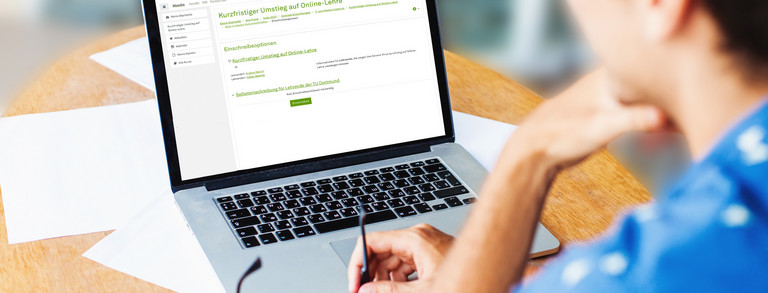 Studierende sitzt am Arbeitsplatz und schaut auf den Laptop