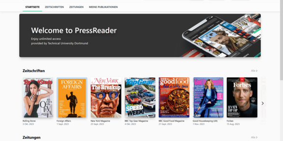 Screenshot der Webseite pressreader.com mit verschiedenen Zeitungsangeboten