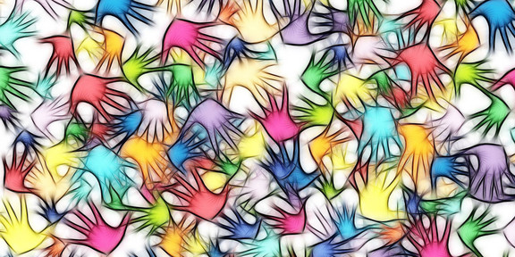 Many colorful hands on abstract background (drawing)