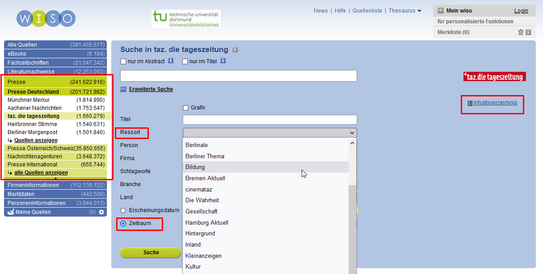 Screenshot aus der Datenbank Wiso Abbildung eines Suchfensters für eine Suche in der taz