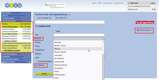 Image of a search window for a search in the "taz"