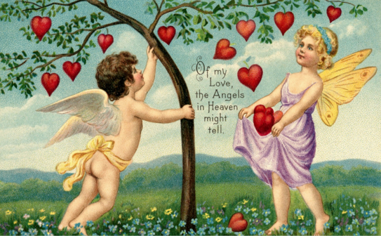 Cupid and fairy with red hearts