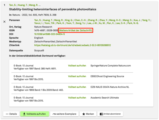 Screenshot der Zeitschriftennavigation (2) in Katalog plus