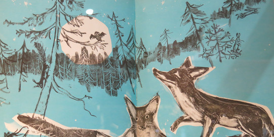Animals in fields and forests (book page) 3 foxes, squirrel, owl and mouse in the forest (drawing from a picture book)