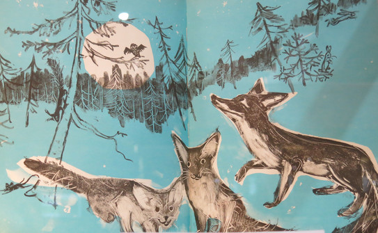Animals in fields and forests (book page) 3 foxes, squirrel, owl and mouse in the forest (drawing from a picture book)