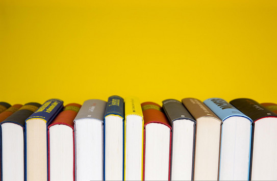 A row with colorful books and white cut from below