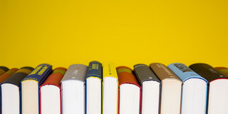 A row of books from below A row with colorful books and white cut from below