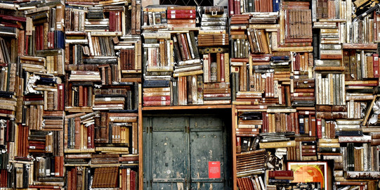 Alte, zum Teil stockfleckige Bücher in Regalen rund um eine Holztür