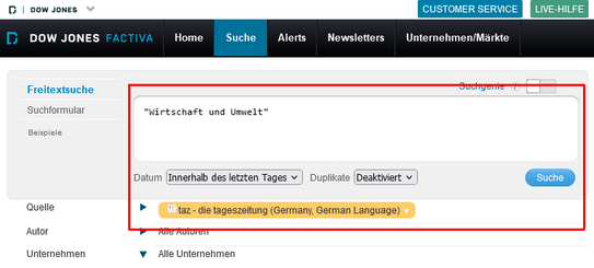 Abbildung eines Suchfensters mit der Suche nach der Zeitschrift "Wirtschaft und Umwelt"