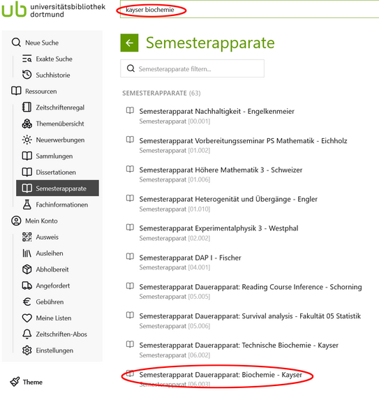 Screenshot Semesterapparate in Katalog plus Anzeigeliste der gedruckten Semesterapparate in Katalog plus