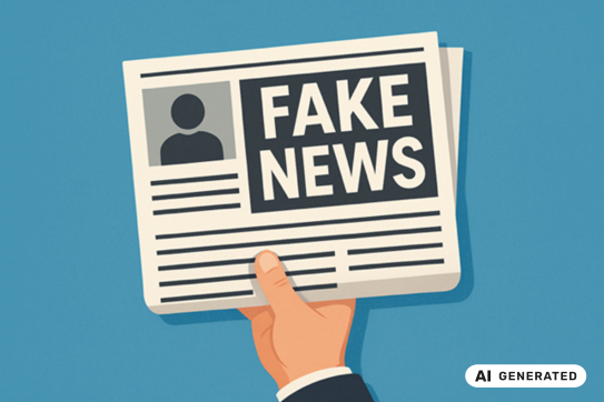 Fake News AI generated - Comiczeichnung einer Zeitung mit der Schlagzeile FAKE NEWS die von einer Hand hochgehalten wird