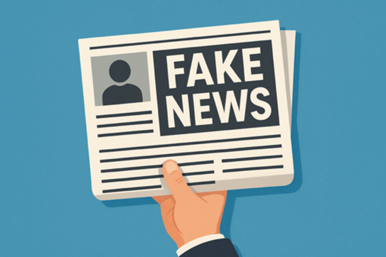 Comiczeichnung einer Zeitung mit der Schlagzeile FAKE NEWS die von einer Hand hochgehalten wird