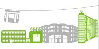 Silhouette TU Dortmund Gebäude und H-Bahn an der TU Dortmund (Zeichnung)