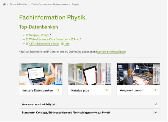 Universitätsbibliothek Dortmund: Fachinfoseite Physik Screenshot Webseite Fachinformationen Physik