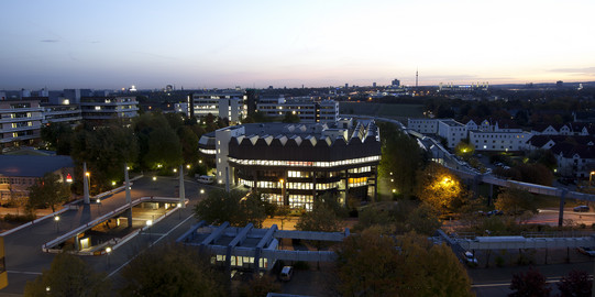 Dortmund University Library illuminated (7) University library building in the twilight, brightly illuminated (7)