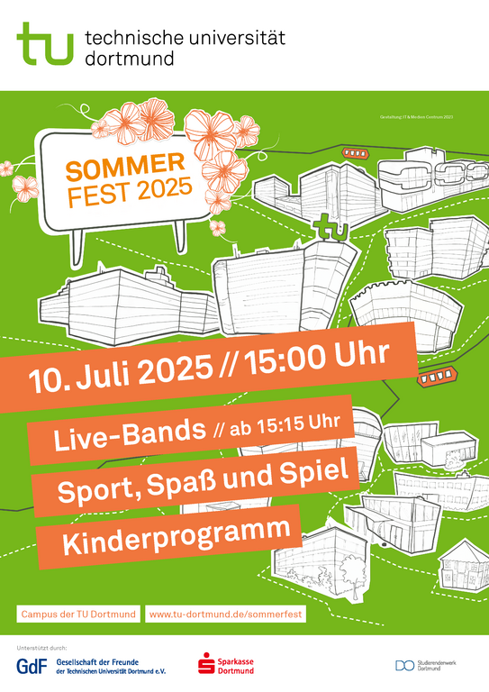 2025 Plakat Sommerfest TU Dortmund Sommerfest am 10.07.2025 mit Live Musik, Sport, Spaß und Spiel