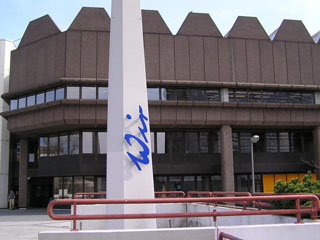 Dortmund University Library in daylight from the Mensa Bridge