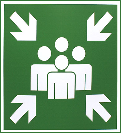 Sign assembly point/meeting point with 4 people and 4 arrows